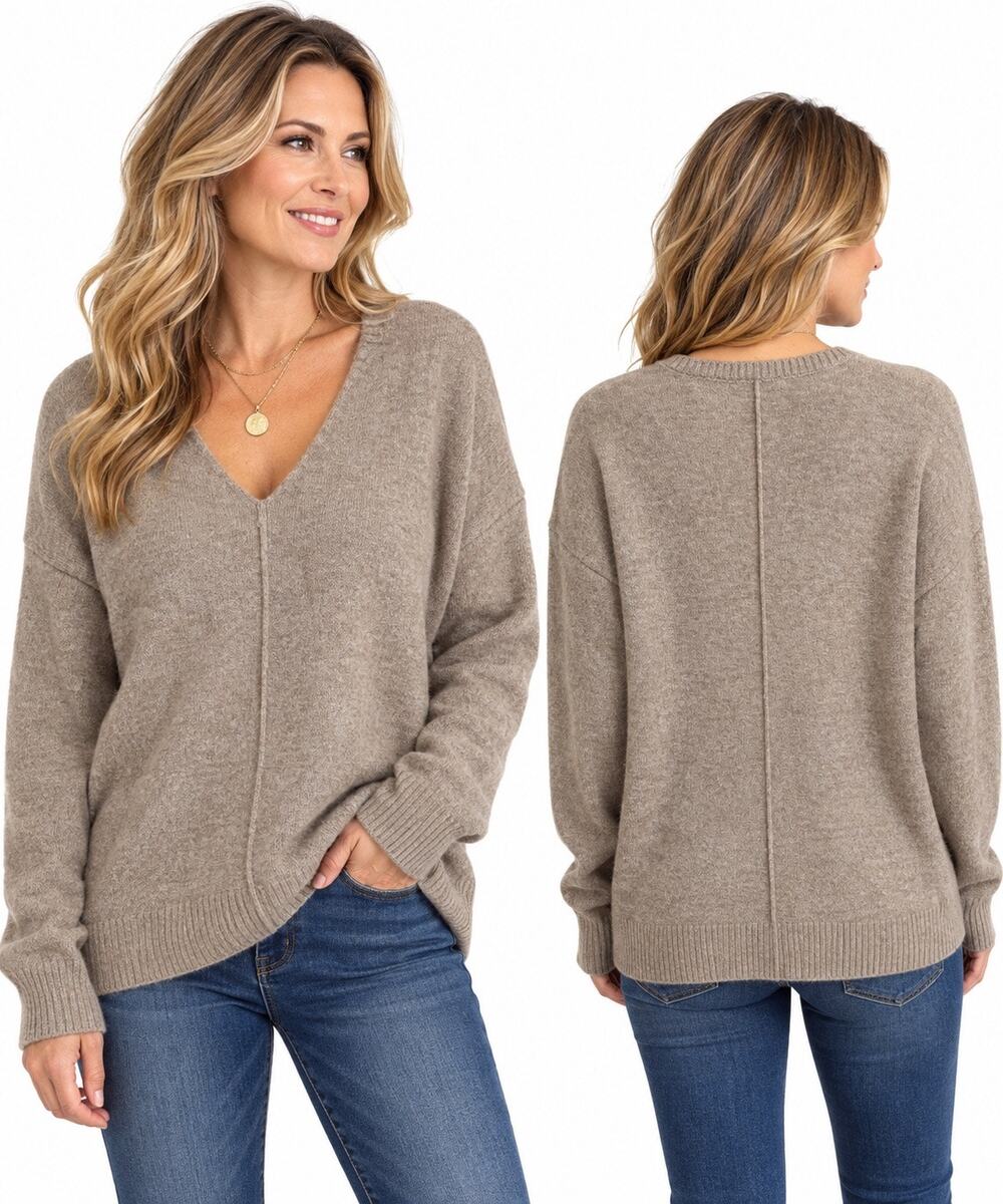Vince Camuto Womens Large V Neck Sweater Taupe Exposed Seam Relaxed Pullover